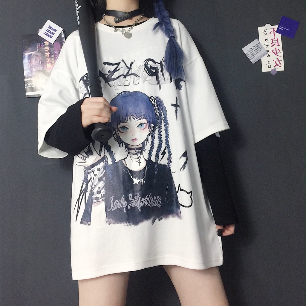 2022 New Hip-hop Short-sleeved Female Gothic Summer Harajuku Style JK Loose Dark Black Anime Large Size Top Ins Shirt