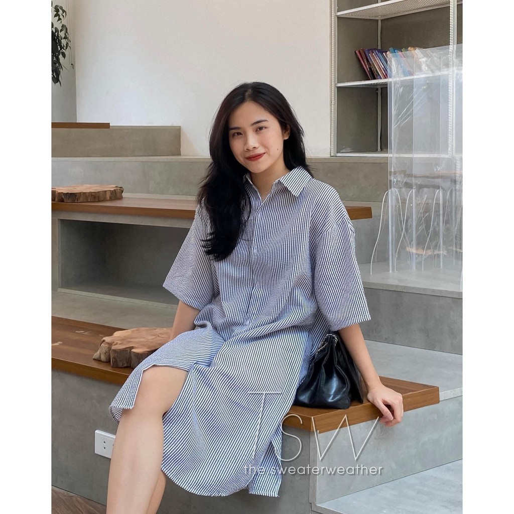 Đầm/Váy sơ mi kẻ sọc dáng dài chất xốp