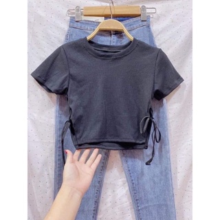 Áo croptop thắt dây eo 2 bên thun gân