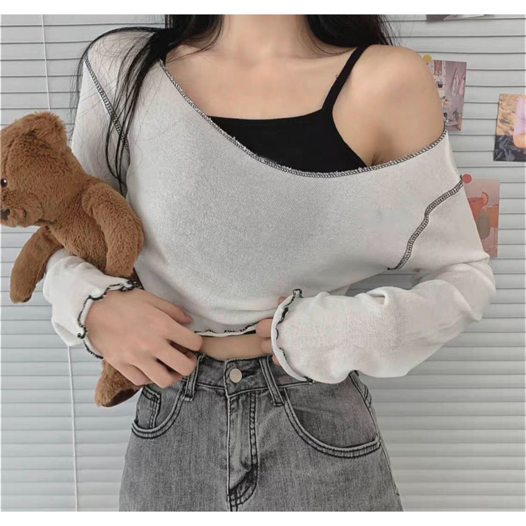 SET CROPTOP LỆCH VAI VIỀN BÈO NỮ - ÁO THUN GIẤY CROPTOP DÀI TAY TRẮNG VIỀN CHỈ MIX ÁO 2 DÂY ĐEN
