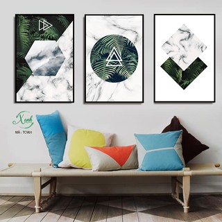 Bộ 3 tranh canvas lá marble nghệ thuật tặng đinh treo tranh