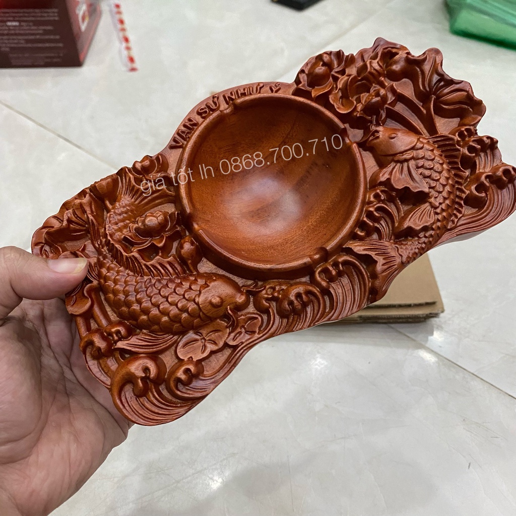 Gạt tàn thuốc chạm song ngư gỗ hương nguyên khối