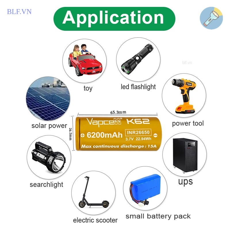 Pin sạc 26650 Vapcell K62 6200mAh 15A 3.6V 3.7v 4.2V INR Cao Cấp Li Ion