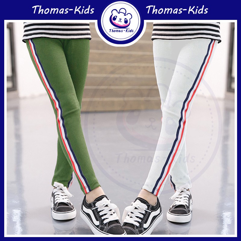 Quần legging Cotton co giãn màu trơn kẻ sọc thời trang cho bé gái 4-16 tuổi