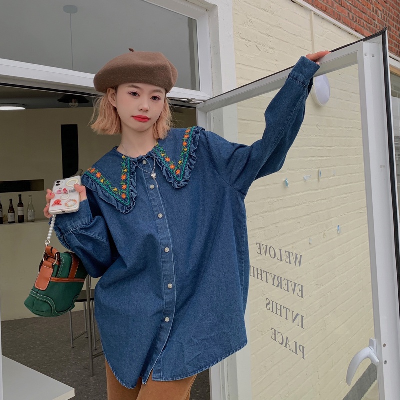 Hàng Mới Về Mới Áo Khoác Denim Cổ Búp Bê Thêu Hoa Dáng Rộng Thời Trang Mùa Xuân 2022 Cho Nữ