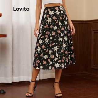 1221de-Chân váy LOVITO xẻ tà in họa tiết hoa tinh tế phong cách mùa hè L17D075 (Màu đen)