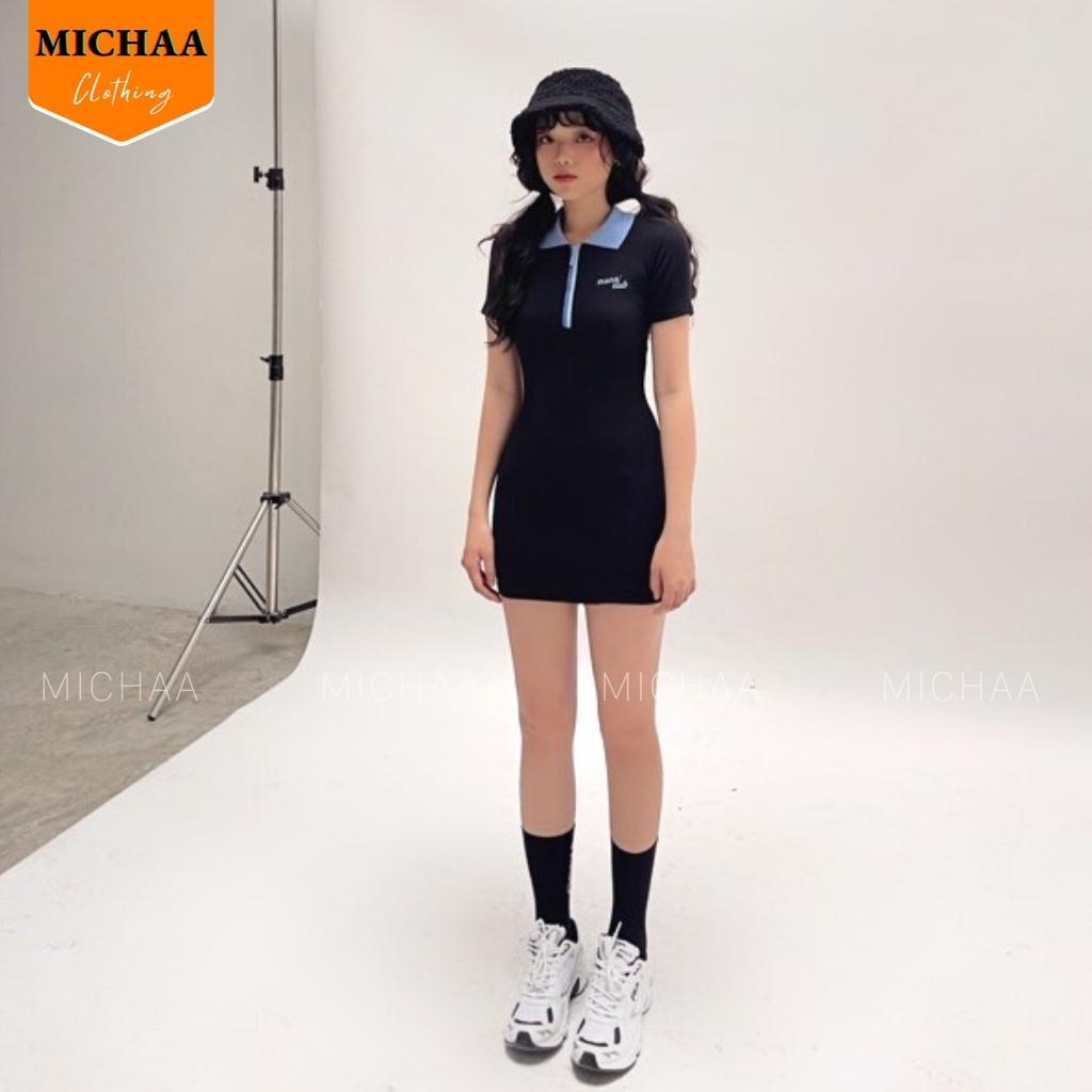 Đầm Váy Phối CỔ POLO DÂY KÉO Nữ Dáng Xoè Thêu Chữ Đẹp Chất Thun Gân MICHAA DB10