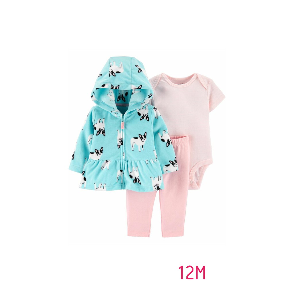 Set 3 món Quần hồng, Bodysuit bé gái, Áo khoác xanh hình Cún (12M) Chính Hãng Carter's Mỹ