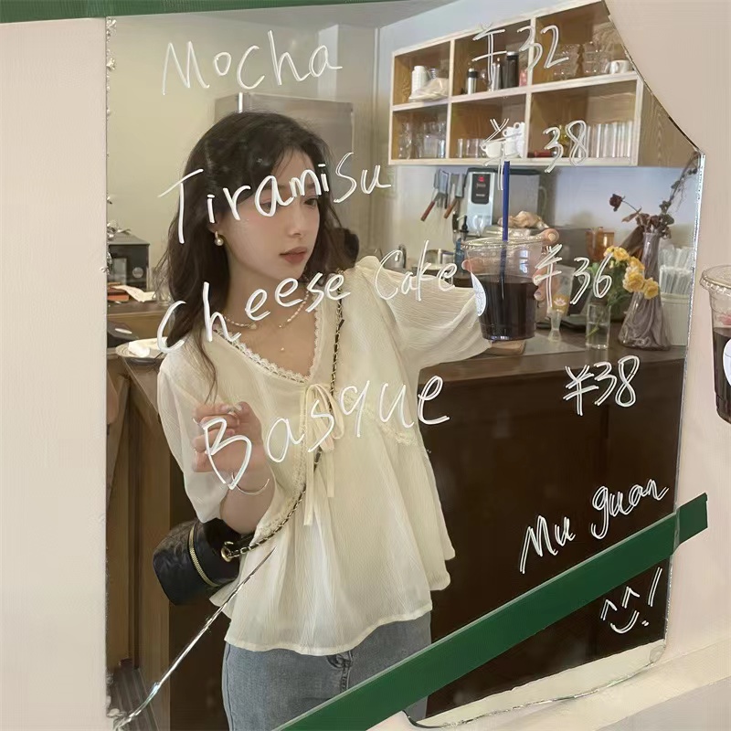 Áo chiffon BH nữ tay ngắn cổ chữ V có diềm xếp nếp mùa hè mới