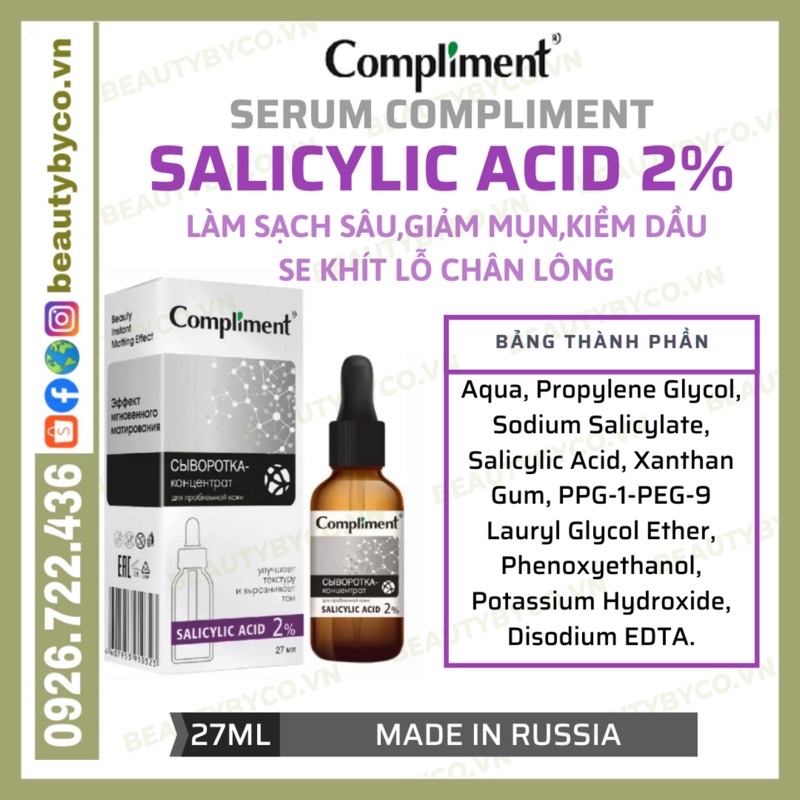 Serum Compliment 2% BHA làm sạch sâu, giảm mụn, se lỗ chân lông, kiềm dầu