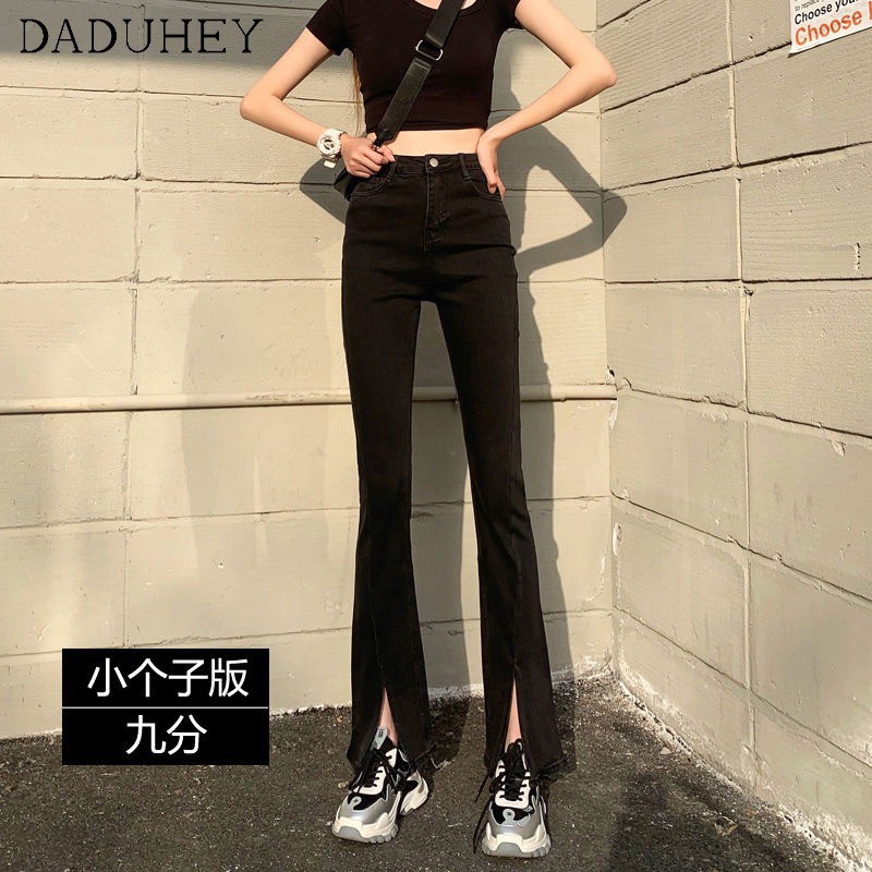 Daduhey Quần jean dài ống loe lưng cao màu đen phong cách Hàn Quốc thời trang mùa hè dành cho nữ 2021