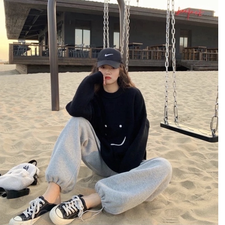 Set Nỉ Ống Boom Mặt Cười - Bộ áo sweater dài tay form rộng dáng suông kèm quần jogger màu xám trơn basic Ulzzang