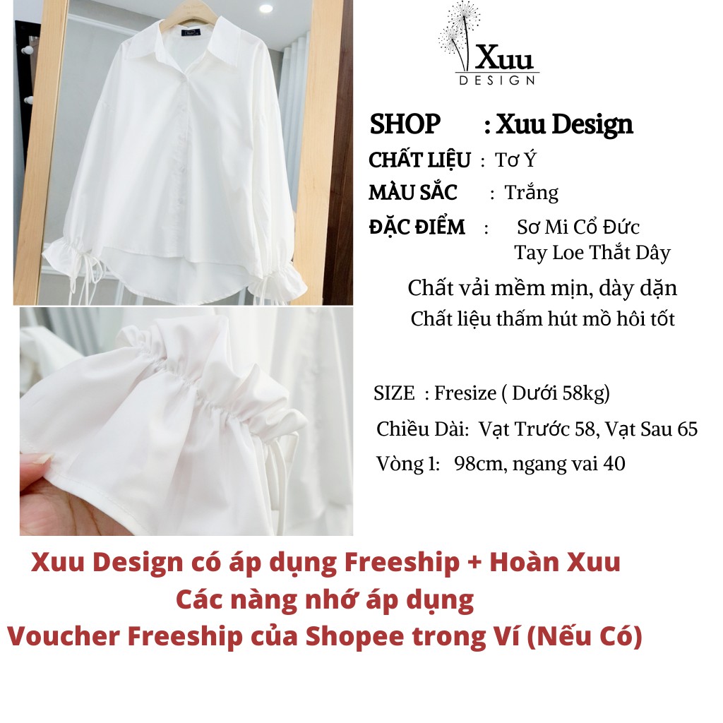 Áo Sơ Mi Nữ Dài Tay Form Rộng Xuu Design, Áo Kiểu Thắt Tay Nơ Freesize <58kg - [SM14 trắng]