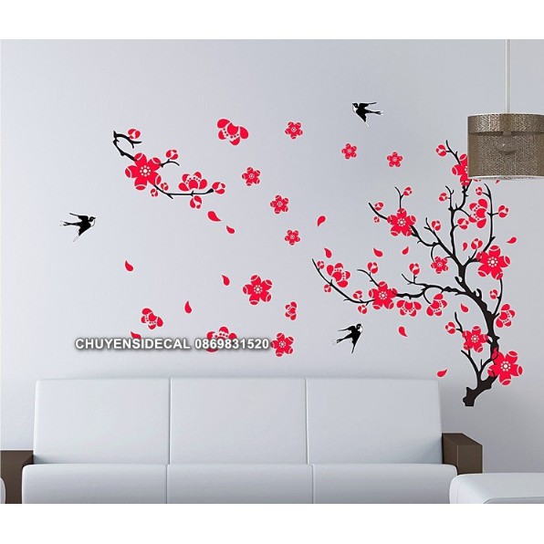 Decal dán Tết - Cành Đào Đỏ chào Xuân
