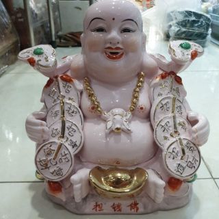 Tượng phật di lặc vác đồng tiền ( màu hồng ) cao 26cm