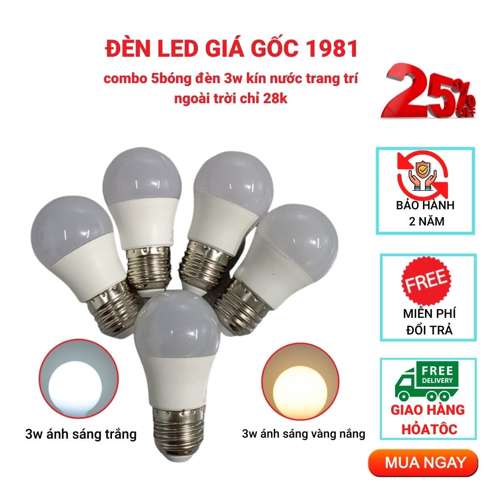 combo 5 Bóng Đèn Led 3W Giá tốt, Bóng Búp Tròn Kín Nước Ngoài Trời