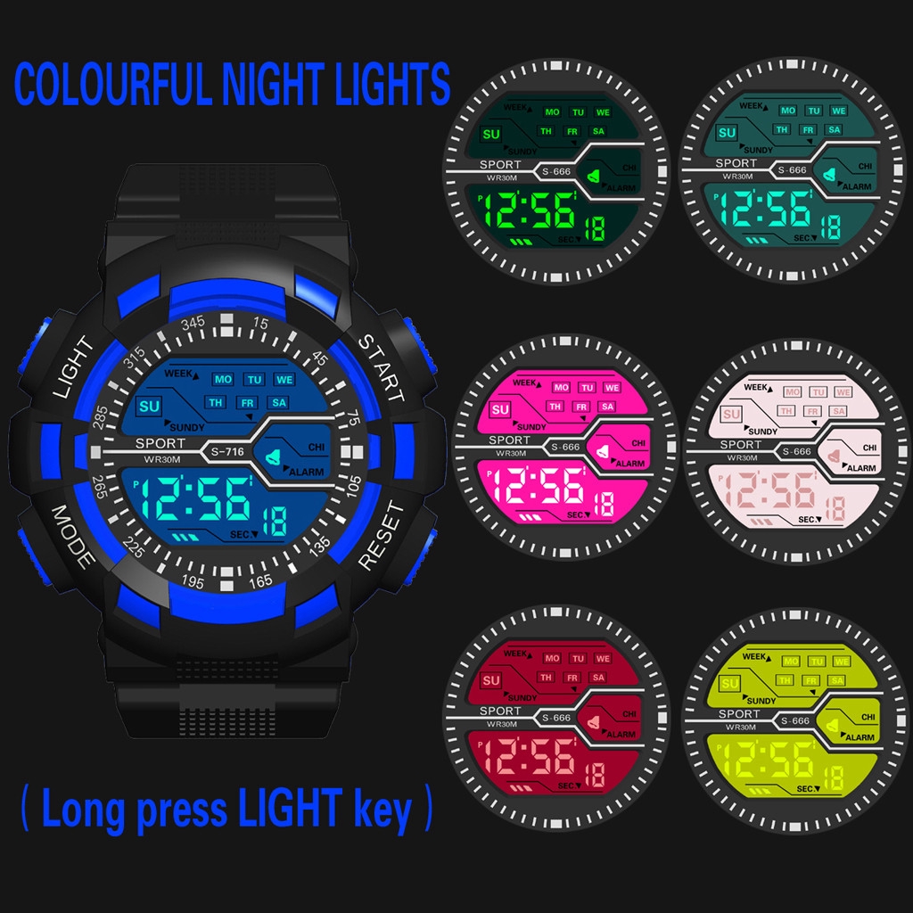 HONHX Men's Fashion Machinery Seven Colors Colorful Luminous Multifunction Waterproof Sports Electronic Watch