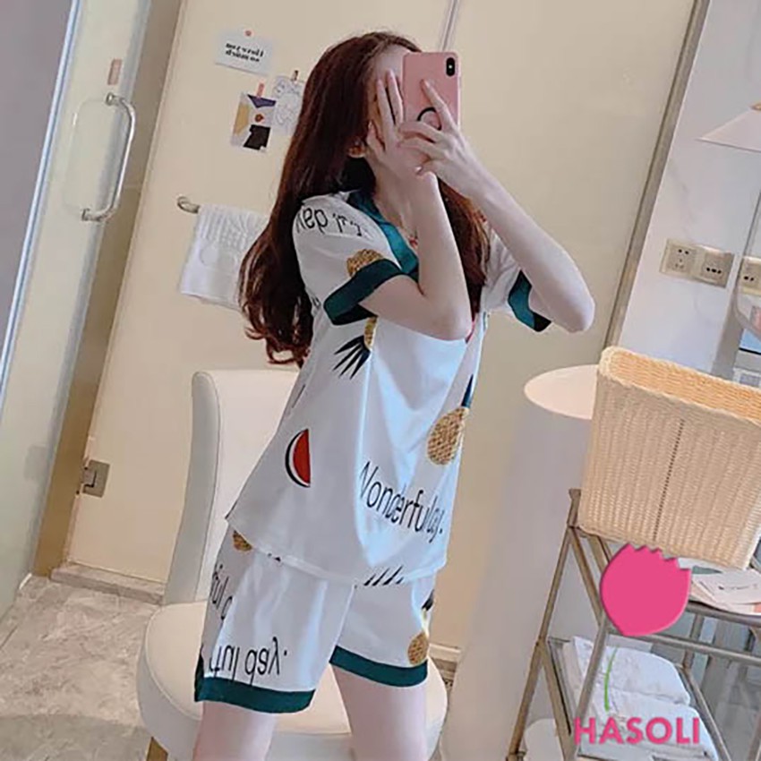 [Mã WARN20 giảm 20k đơn 150k] [Phom rộng]💕Bộ Ngủ-Đồ Ngủ Phi Lụa Cao Cấp Tay Ngắn Siêu Đẹp Màu Trắng Hình Dứa DB03 | BigBuy360 - bigbuy360.vn