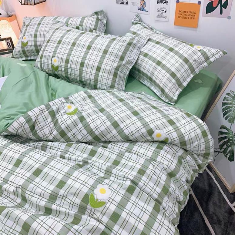 Trọn Bộ 4 Món Thương Hiệu🌸EVILY🌸 Chăn Ga Gối Mền Cotton Poly.Mẫu HOA KẺ XANH Dễ Thương Đáng Yêu -