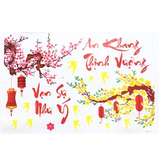 Tấm decal (sticker) dán tường kính trang trí Tết 90x60cm cành mai cành đào , chữ Vạn sự như ý, An khang thịnh vượng