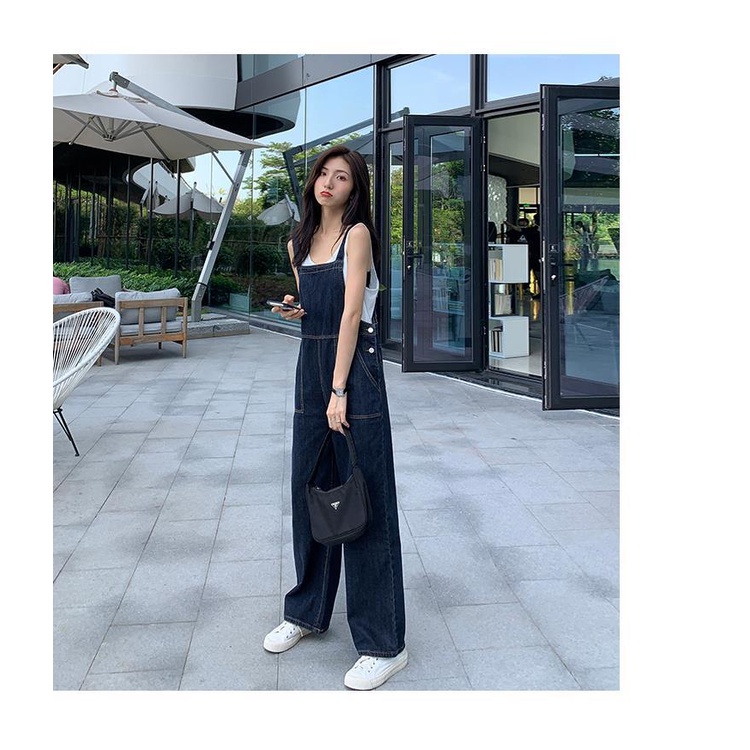 Quần yếm jean lưng cao ống rộng phong cách Hàn Quốc