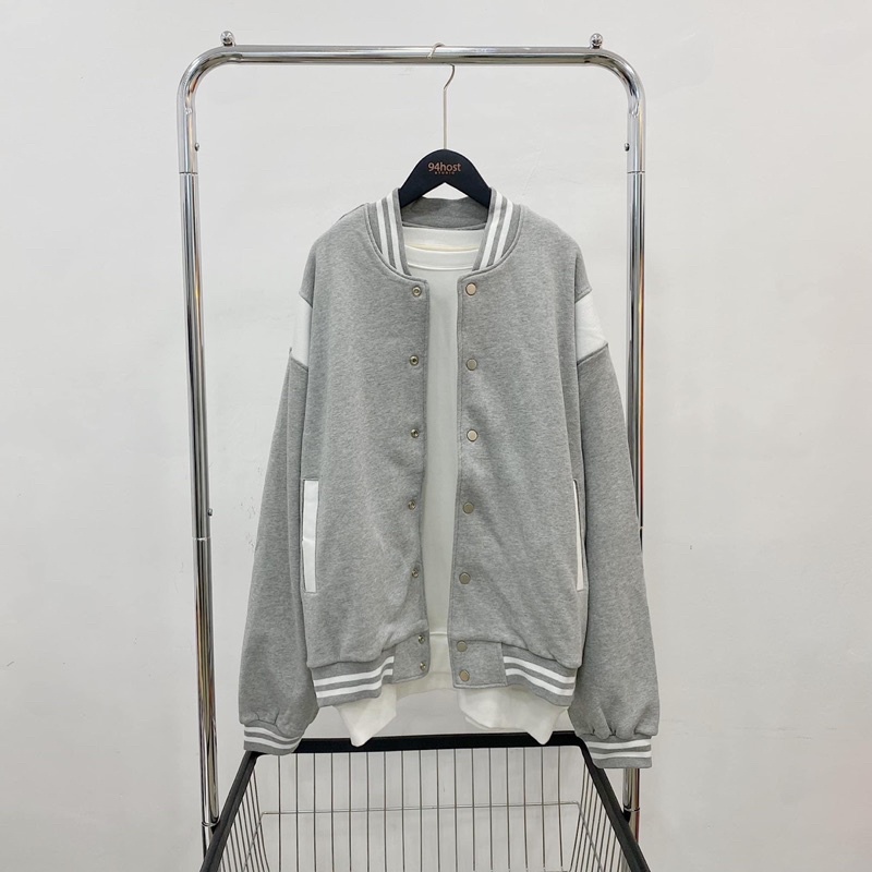 ÁO KHOÁC BOMBER PHỐI NỈ TAY VIỀN XÁM