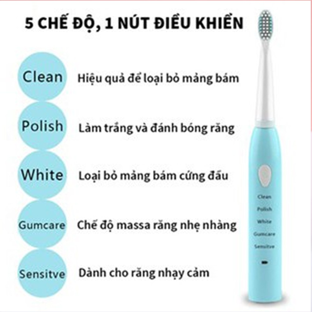 Bàn chải đánh răng điện tự động 5 cấp độ sạc PIN phù hợp cho cả người lớn và cho bé tặng kèm 4 đầu bàn chải