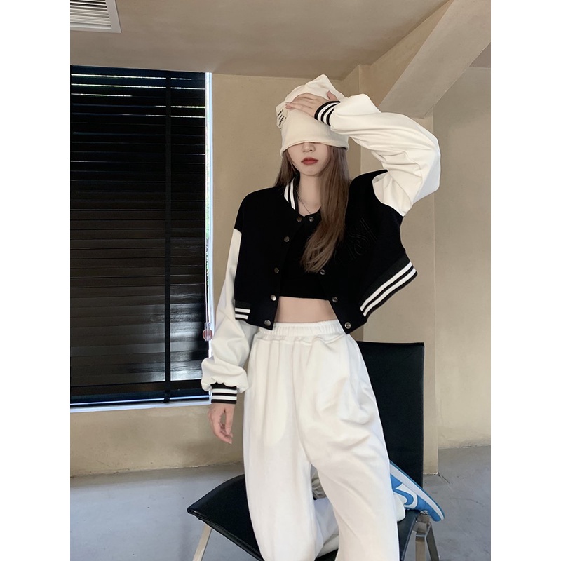 Áo croptop bomber 2 lớp phối tay bo kẻ BIGOMLALL- Áo khoác mùa đông dáng cộc dài tay cúc bấm hot trend