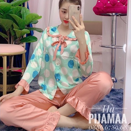 Đồ Ngủ Satin PIJAMA Cao Cấp Tay Dài Phong Cách Tiểu Thư Họa Tiết Đơn Giản