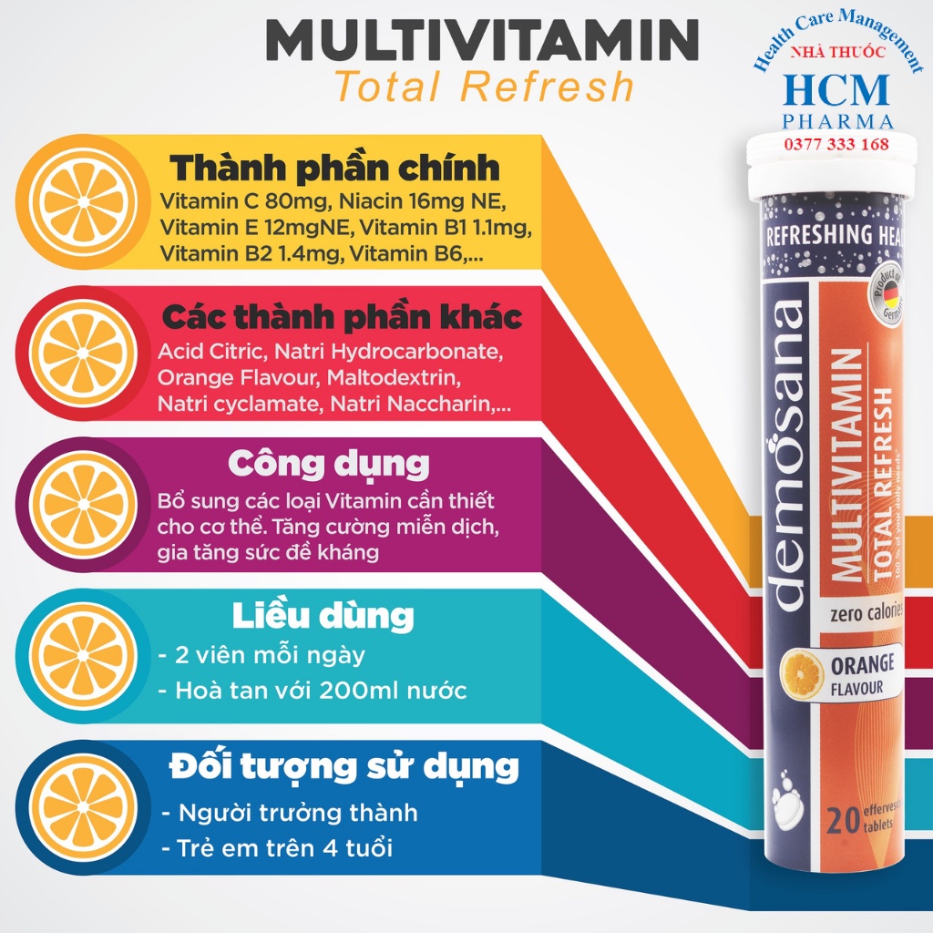 Multivitamin sủi c tăng sức đề kháng cho bé người lớn Demosana Fruits vị cam không đường không calo 20v nhập Đức HCM18