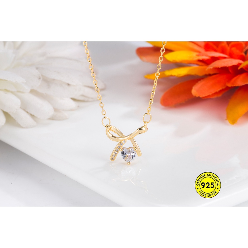 Vòng cổ Mạ Bạc 925 Mặt Hình Nơ Đính Kim Cương Nhân Tạo Thời Trang Cho Nữ