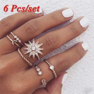 6pcs/set Rhinestone Knuckle Ring Set Boho Punk Jewelry Gold Adjustable Moon Star Finger Ring