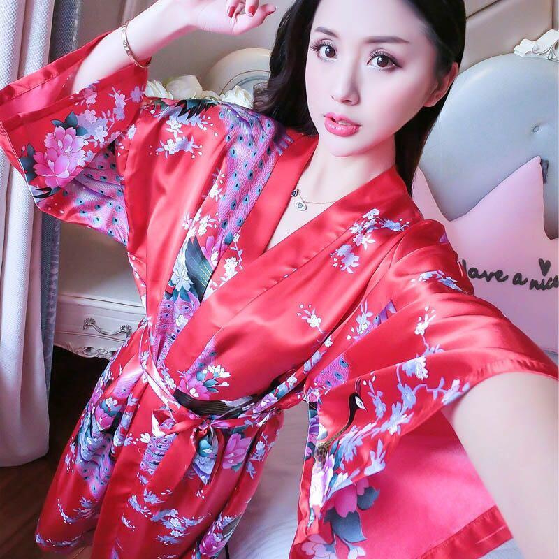 Áo choàng ngủ nữ lụa mỏng băng tắm dài, pijama chim hạc, dài đỏ phù dâu cưới côM