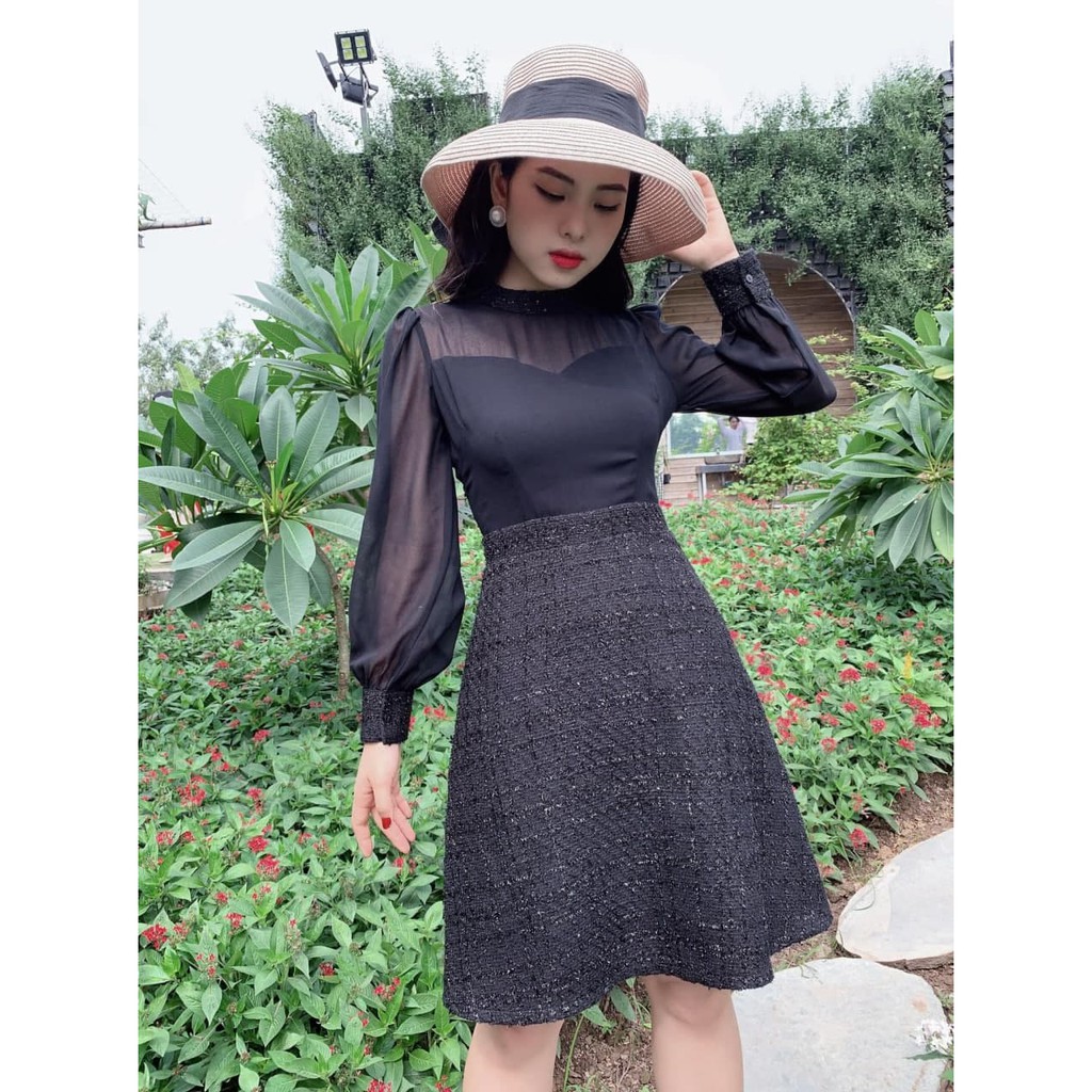 Đầm thiết kế dạ cao cấp phối áo voan tay dài V1722_Linh Đan Shop [Kèm ảnh thật]