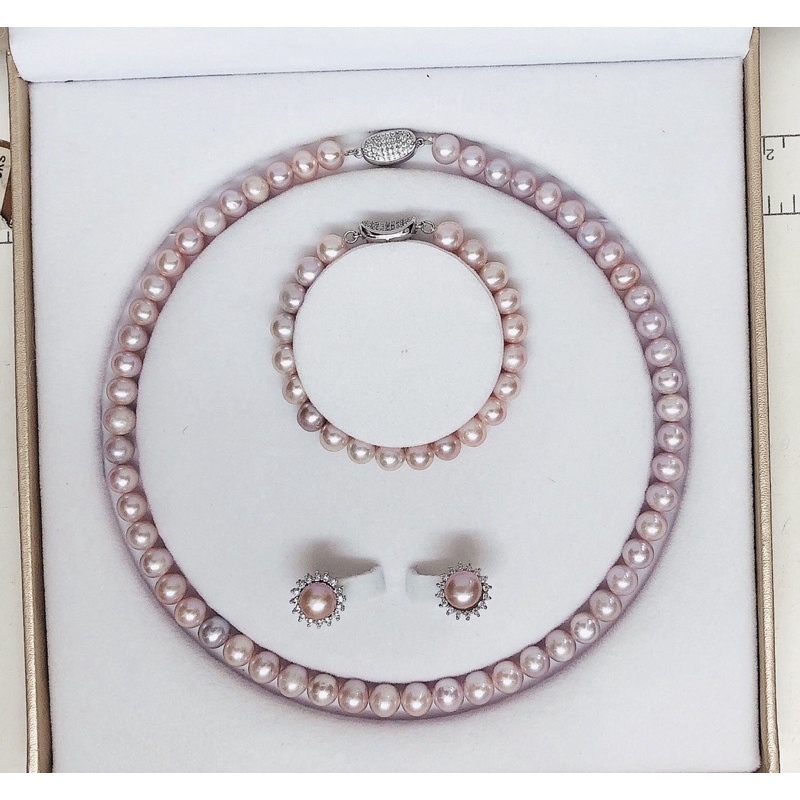 Bộ trang sức màu hồng phấn 3 món khóa bạc