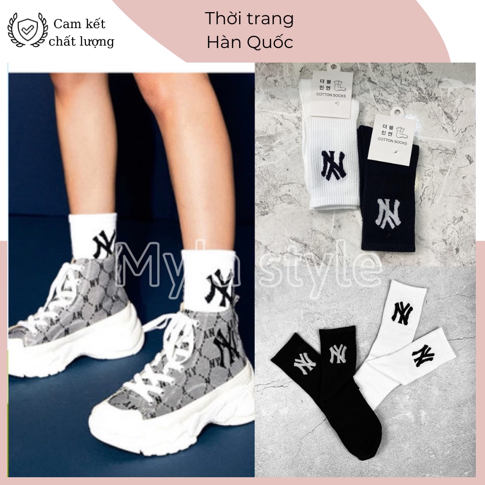 Tất ny cao cổ, Tất cổ cao thể thao nam nữ in chữ NY cotton cao cấp PK2