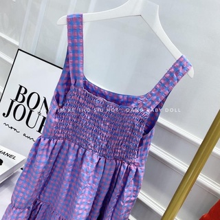 váy kẻ tím bbd 2 dây dáng xoè dài