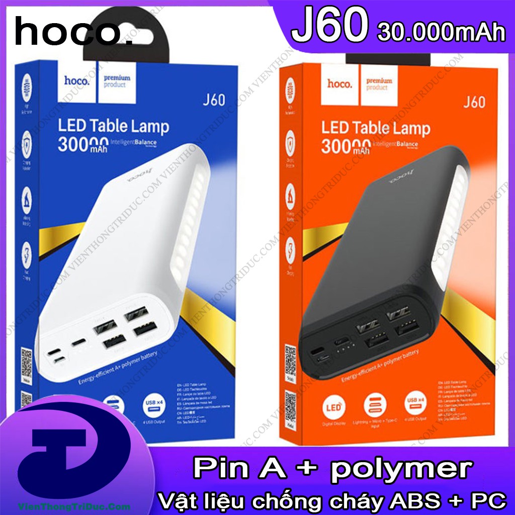 [DUNG LƯỢNG KHỦNG] Pin Sạc Dự Phòng Hoco J60 -30000mAh -4 Cổng USB Sạc 4 Thiết Bị Cùng Lúc - Tích Hợp Đèn Pin Siêu Sáng