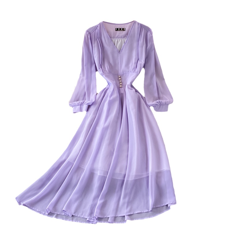 Đầm voan cổ V tay phồng phong cách Hepburn vintage Pháp cho nữ