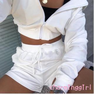 Set Áo Dài Tay Khóa Kéo + Quần Short Lưng Cao Thời Trang Dành Cho Nữ