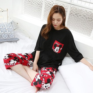 Đồ ngủ mặc nhà nữ tay lửng quần lửng hình chuột mickey