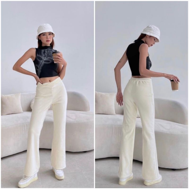 Quần ống rộng nữ thun gân dày - lưng may kiểu chữ V