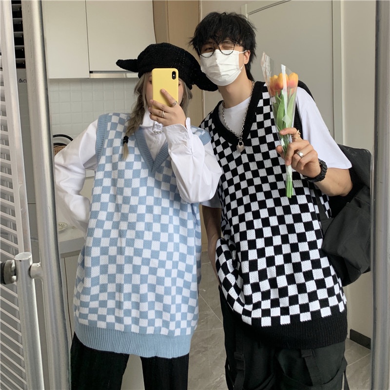 Áo gile kẻ caro vintage, áo không tay len co dãn, có bigsize phong cách softboy, gi-lê nam nữ