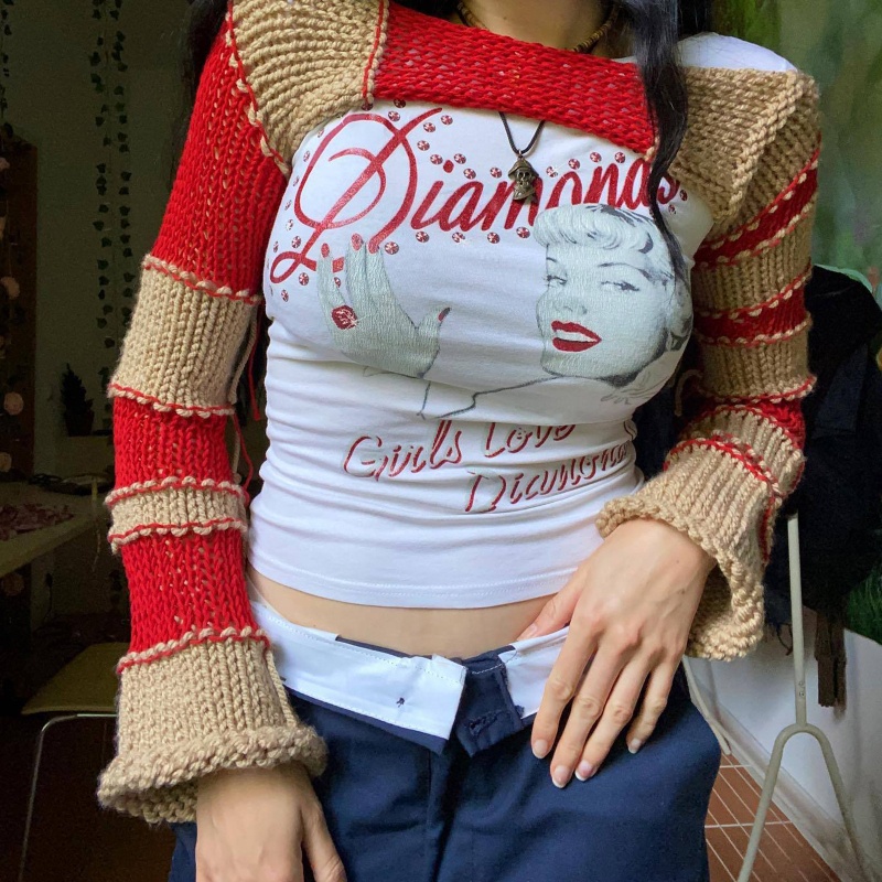 Áo Croptop Dệt Kim Họa Tiết Kẻ Sọc Nhiều Màu Phong Cách Harajuku Thời Trang Cho Nữ