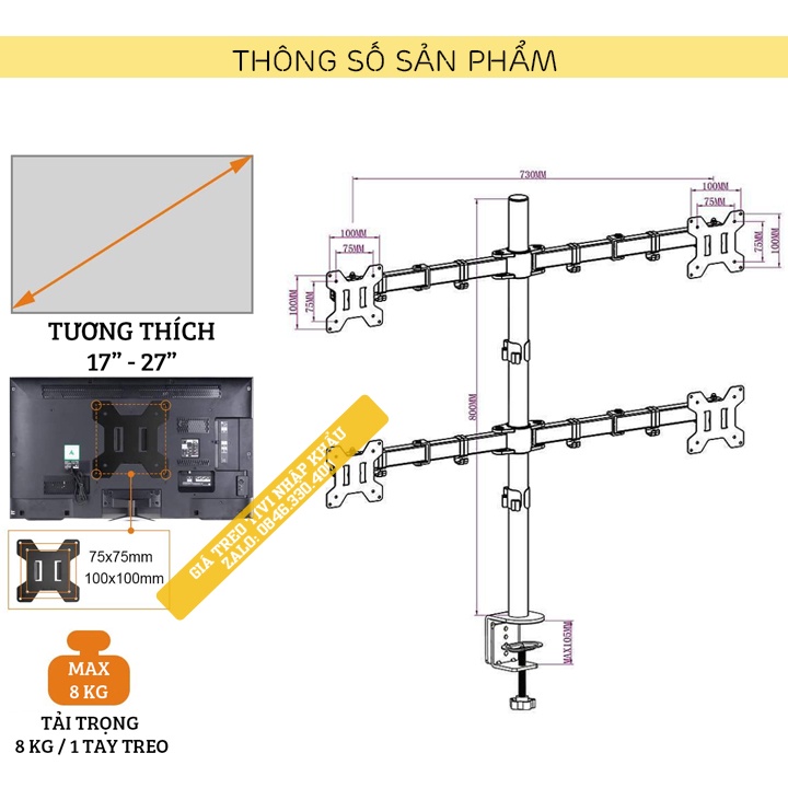 Giá Treo Bốn Màn Hình Máy Tính M054 Kẹp Thành Bàn 17 - 27 Inch - Tay Treo Đỡ 4 Màn Hình Xoay 360 Độ