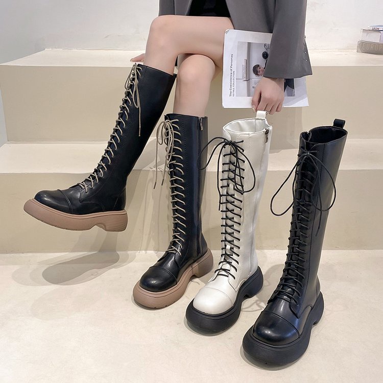 Giày Bốt Cổ Cao Mũi Tròn Cột Dây Phía Trước Buộc Dây Bên Hông Phong Cách Retro Hợp Thời Trang
