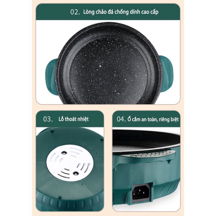 Chảo chống dính nướng điện mini chiên, xào 2 nấc G01 ngắt điện an toàn công xuất lớn vân đá tiện lợi vệ sinh 26cmC