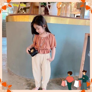 SBG120 - BỘ BÉ GÁI ÁO NÂU TRỄ VAI + QUẦN BE BO GẤU