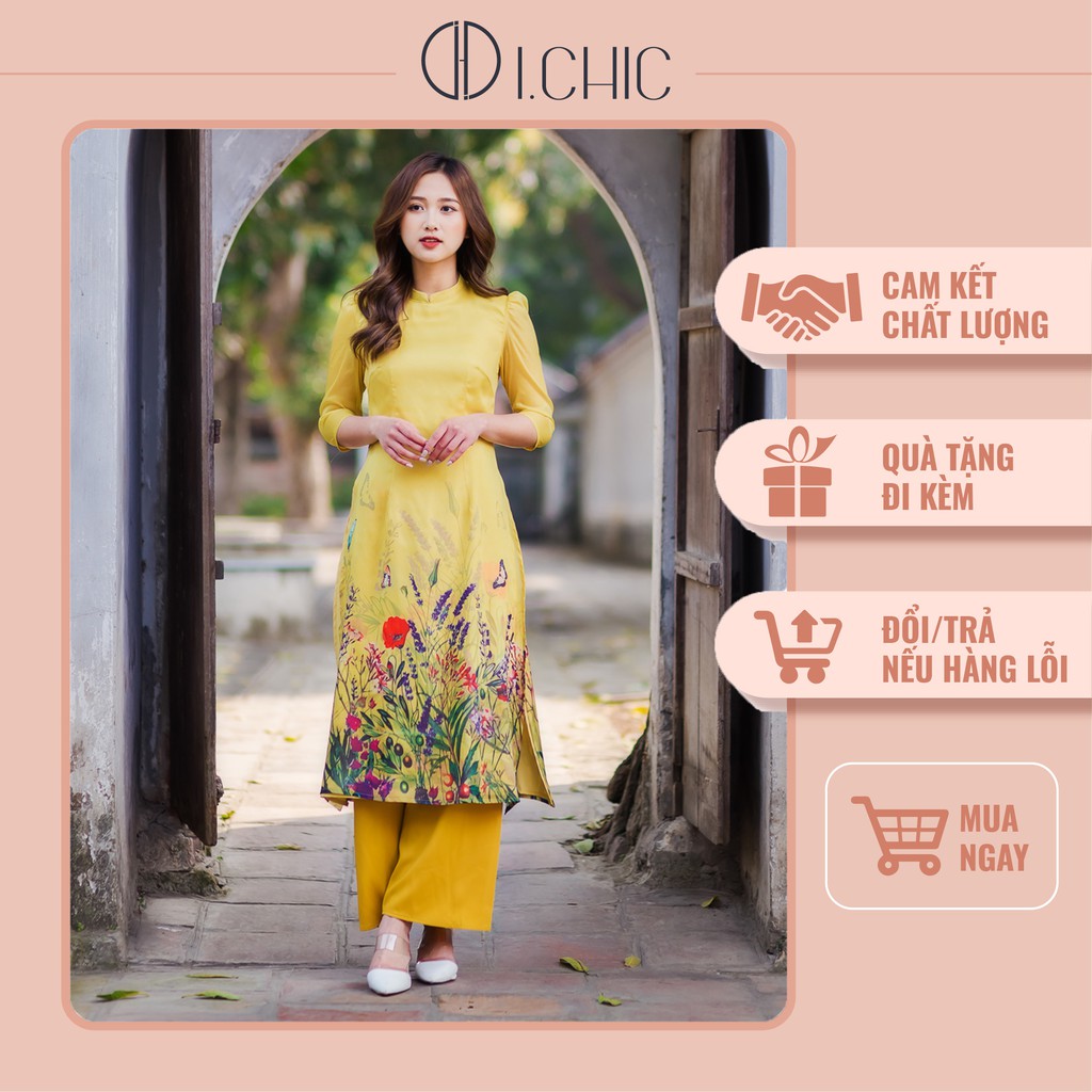 ICHIC - Áo Dài Cách Tân Kiều Diễm Ánh Vàng Tơ Lụa Cao Cấp 2021