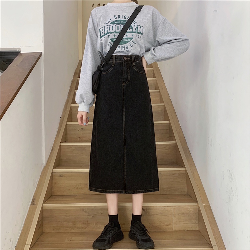 Chân váy jean chữ a XIAOZHAINV dáng dài lưng cao xẻ tà phong cách Hàn Quốc cho nữ